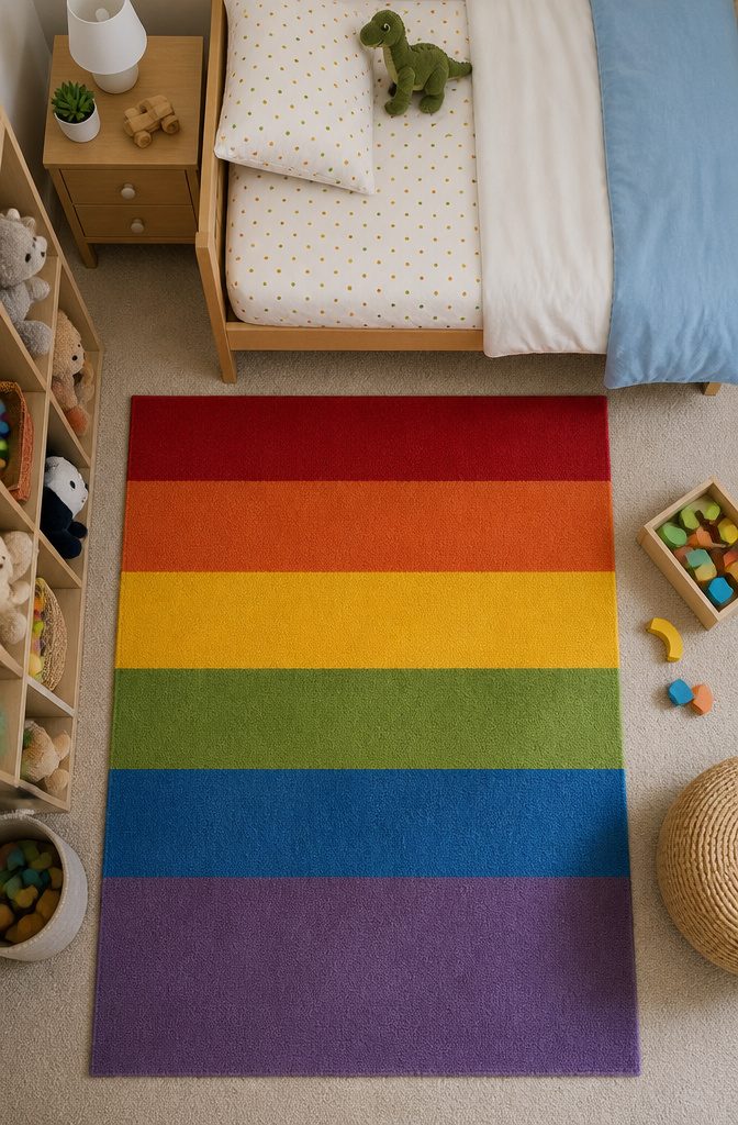 A rainbow-striped rug placed under a bed in a children's room.