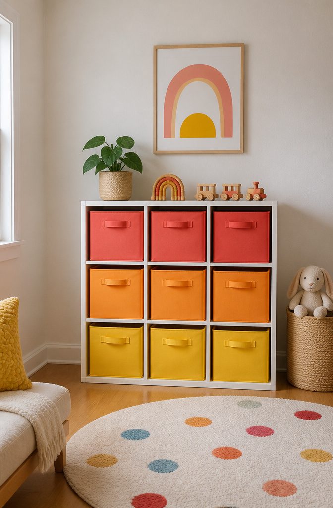 Fabric storage bins in coral and yellow arranged in a cube organizer.