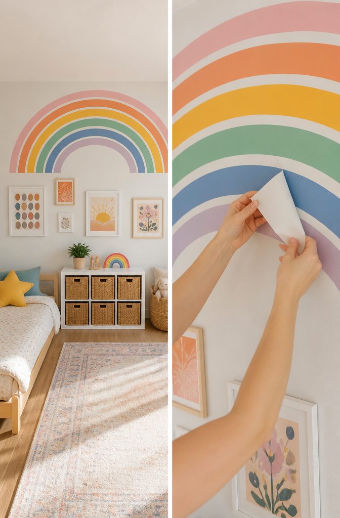 Colorful removable rainbow wall art displayed in a kids room.