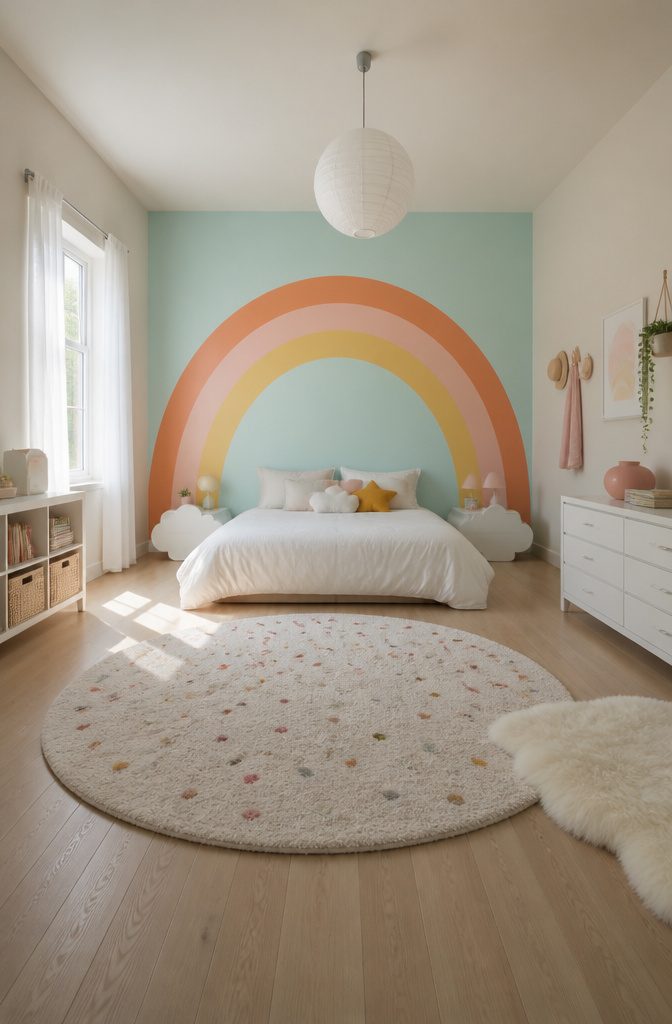 A colorful rainbow arch mural on a bedroom wall.