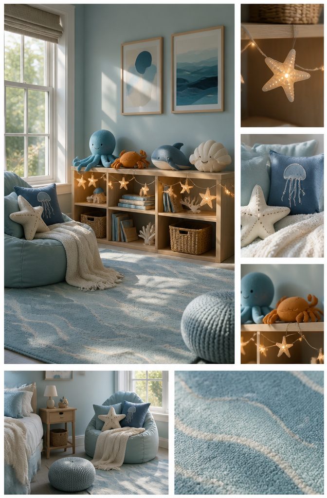 A shelf displaying plush sea creatures and ocean-themed cushions.