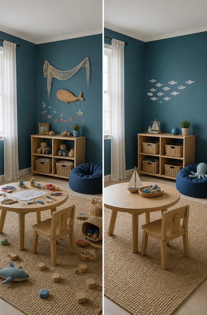 A kids room featuring blue walls and beige flooring.