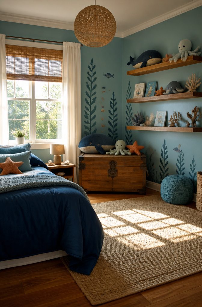 A steamer trunk used for storage in a kids room.