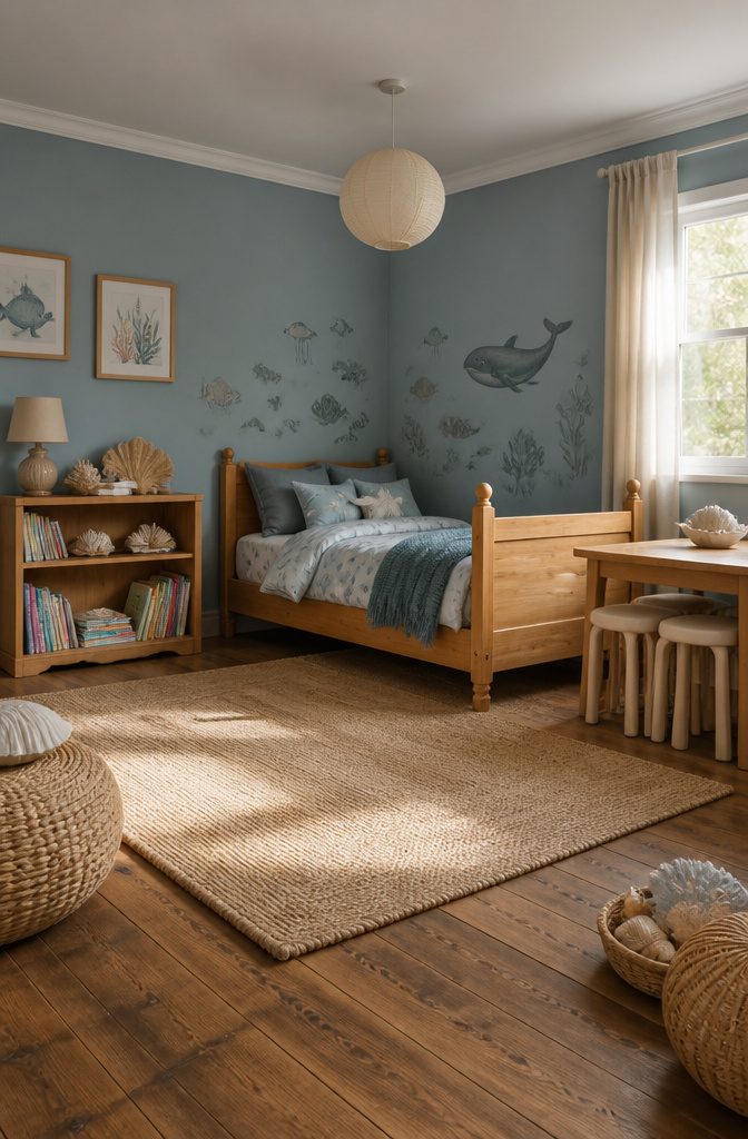 A kids room with a natural wood bed frame and muted blue walls.