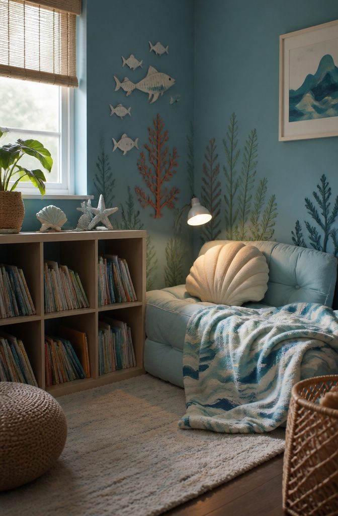 A reading nook with a floor cushion and a low shelf of books.