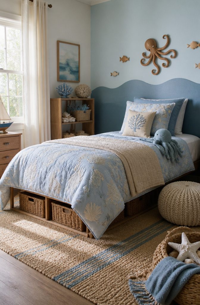 A neatly made bed with pale blue bedding and a textured rug.