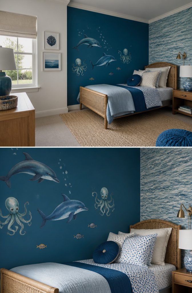 A room with a navy accent wall and whale decals.
