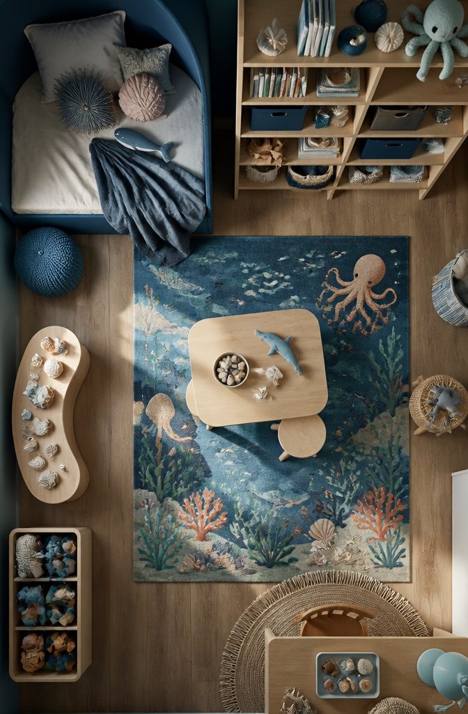 A room with distinct color zones for different activities.