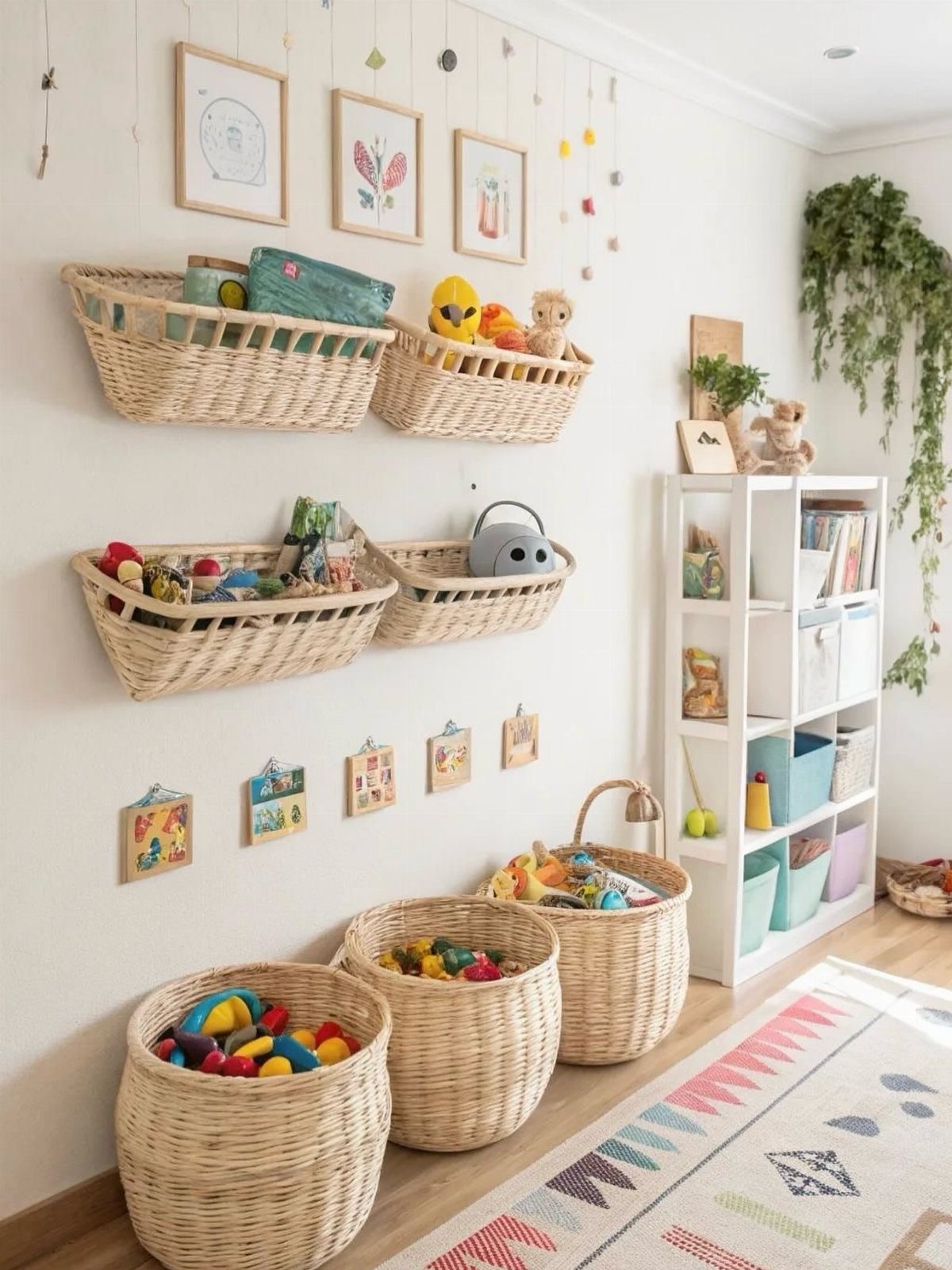 Woven wicker baskets filled with toys hanging on a white wall above floor baskets.