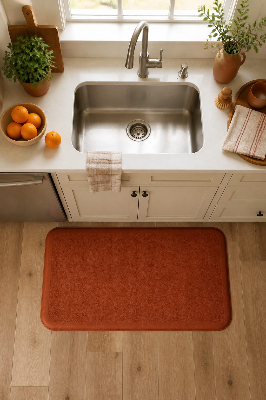 10 Budget Kitchen Makeover Ideas for 2026 9 Washable kitchen rug positioned near a sink.