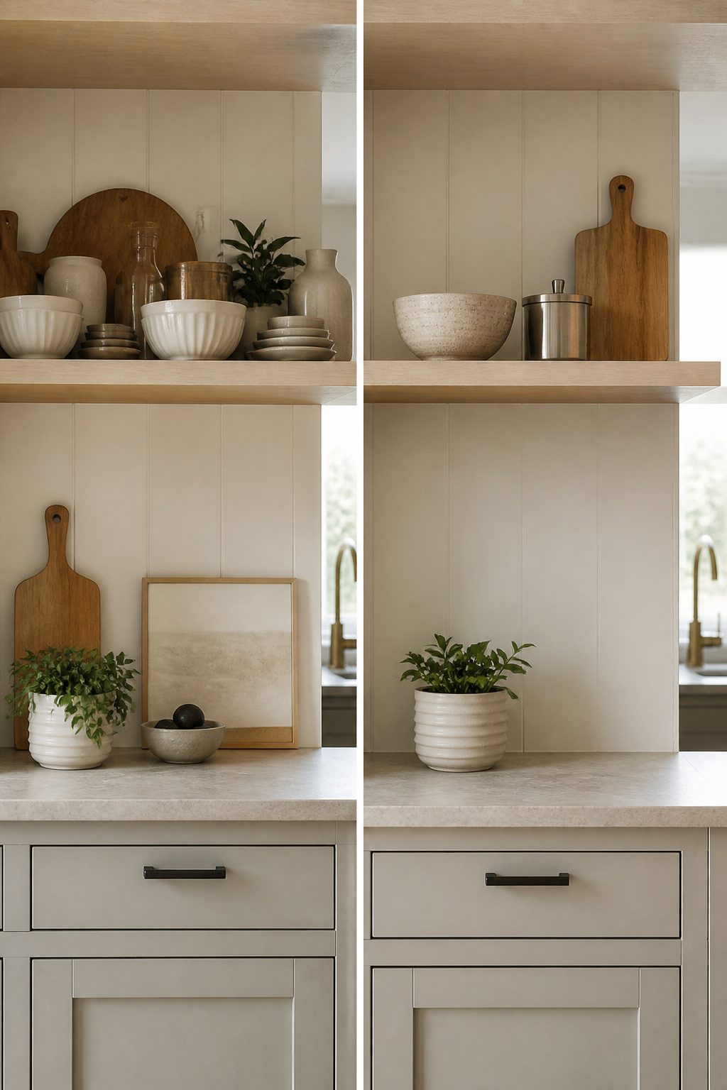 A kitchen shelf with a minimal arrangement of selected items.