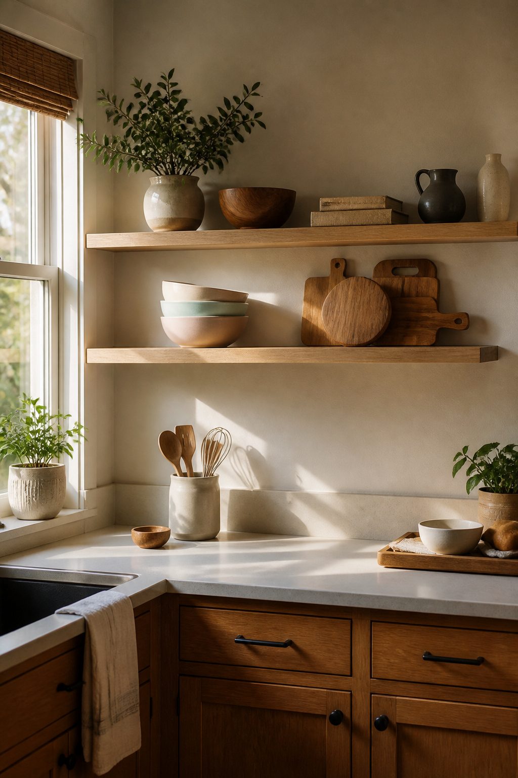 Open kitchen shelf with ceramic bowls and wooden cutting boards.