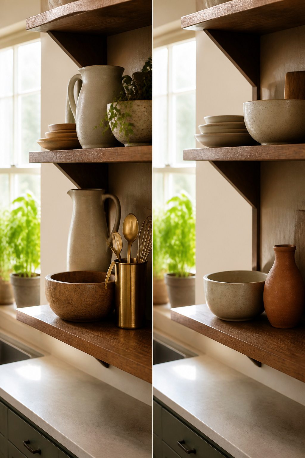 Kitchen shelf featuring items of different heights and materials.