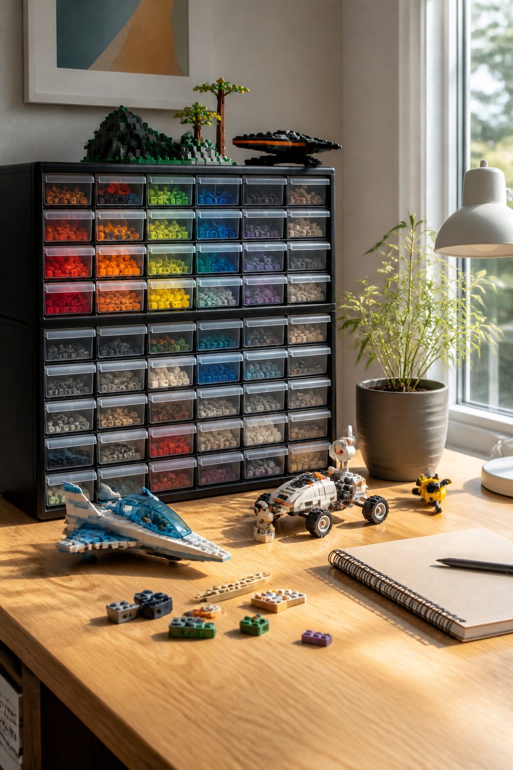 10 LEGO Storage Ideas for Real Collections in 2026 7 A clean desk with organized Akro-Mils mini drawers filled with LEGO parts.