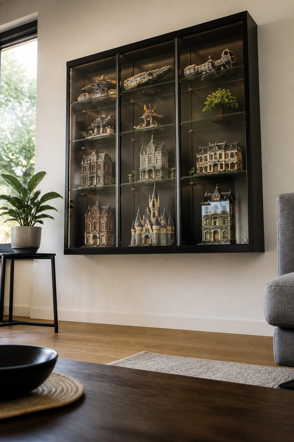 10 LEGO Storage Ideas for Real Collections in 2026 10 Wall-mounted shelves displaying completed LEGO builds in a cozy room.