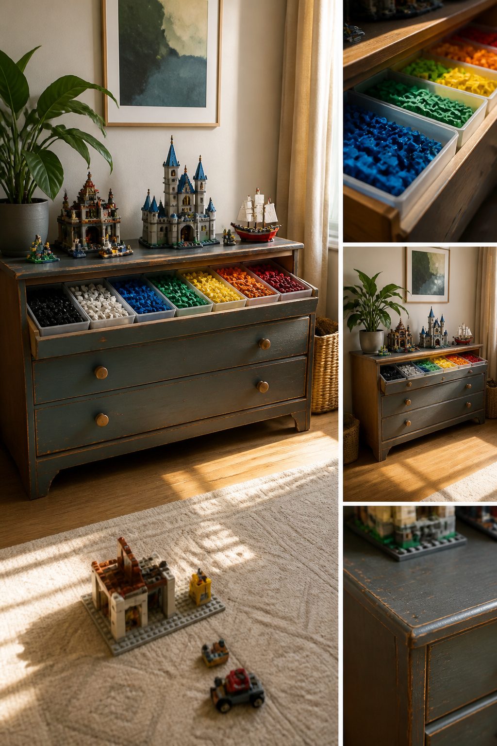 10 LEGO Storage Ideas for Real Collections in 2026 9 A shelf lined with mason jars, each containing a different color of LEGO bricks.