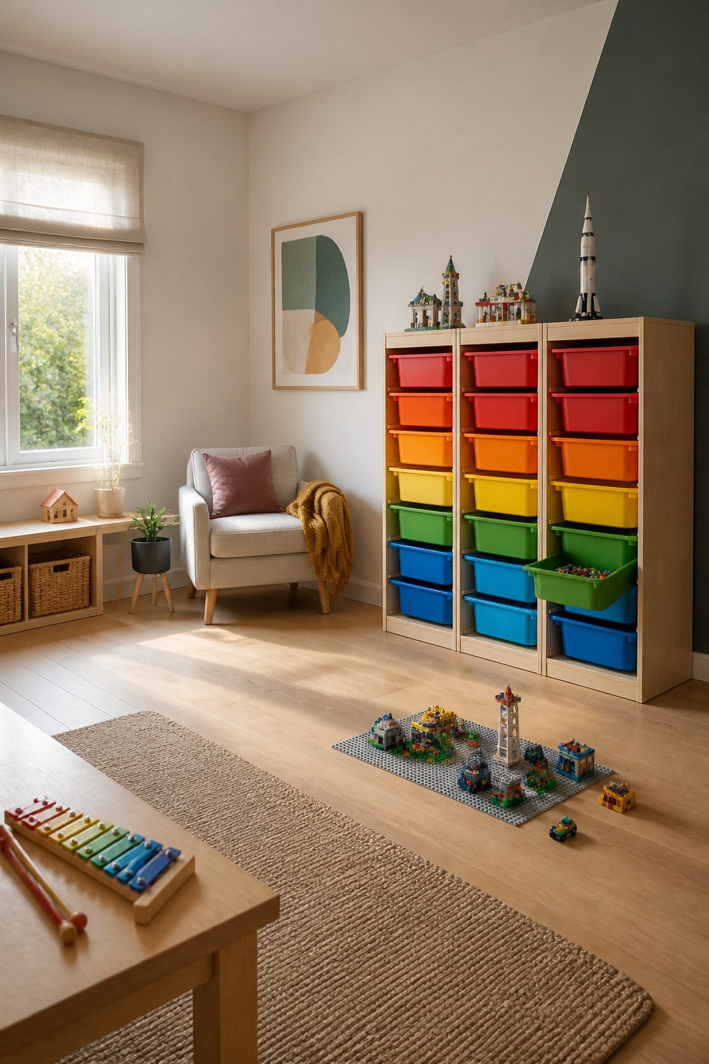 10 LEGO Storage Ideas for Real Collections in 2026 3 IKEA TROFAST storage system with colorful bins arranged in a playroom.