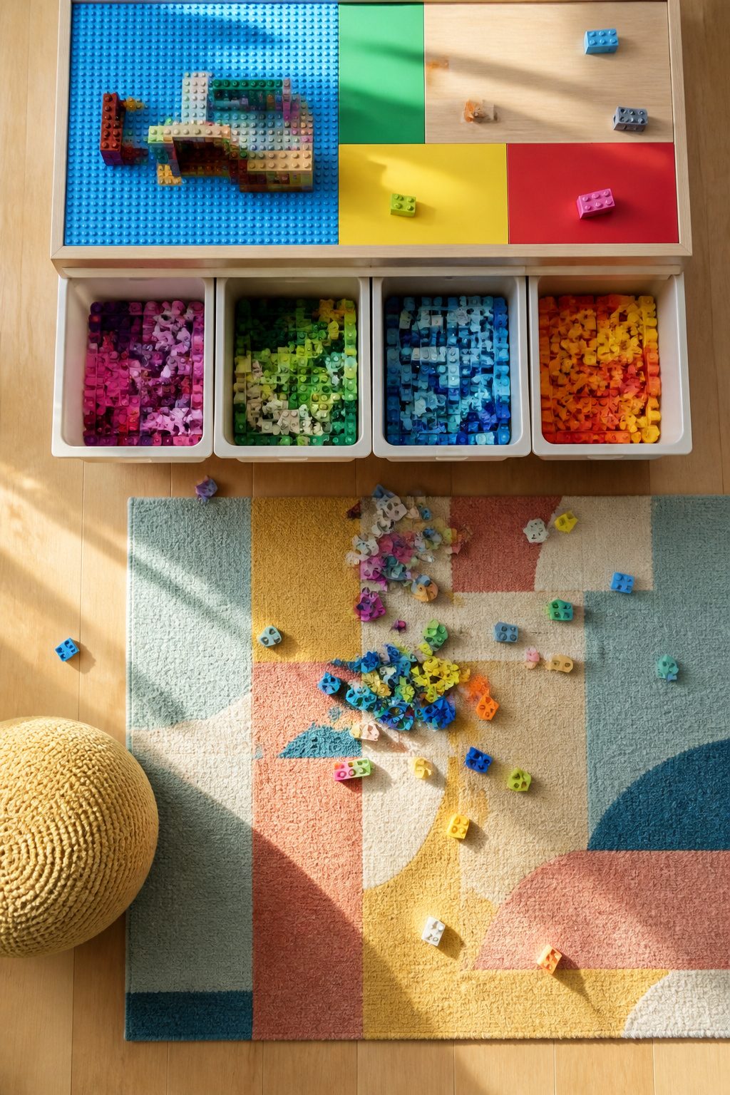 10 LEGO Storage Ideas for Real Collections in 2026 4 Shallow open bins filled with LEGO bricks for easy access and organization.