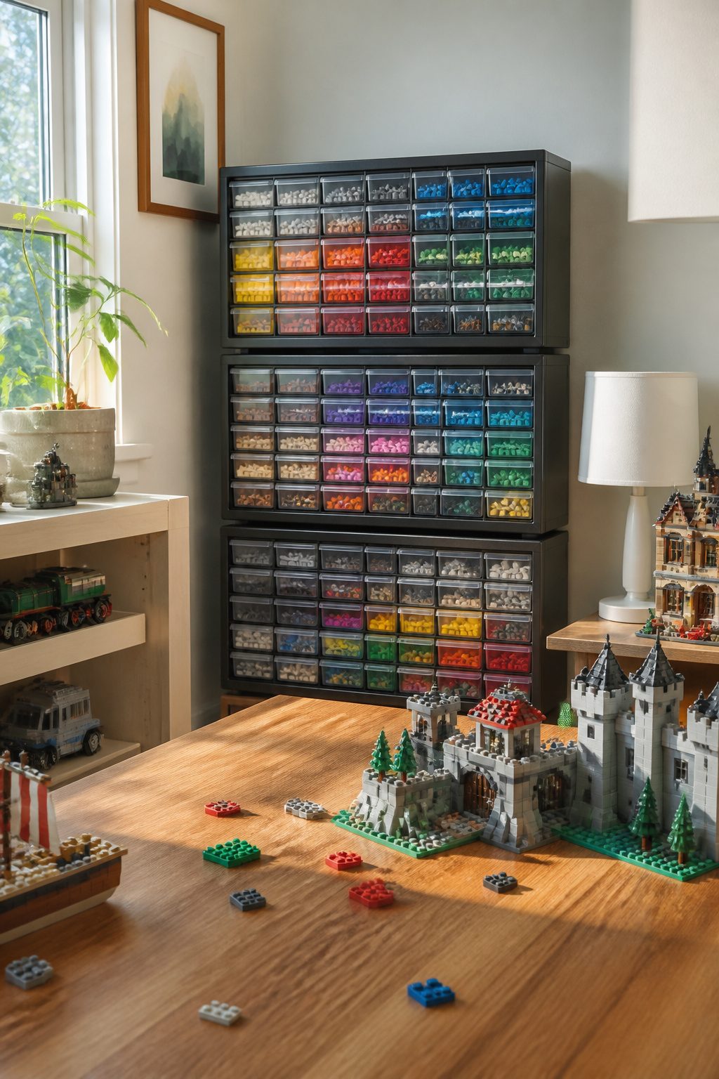 10 LEGO Storage Ideas for Real Collections in 2026 1 Stacked Akro-Mils 64-drawer units filled with sorted LEGO bricks.