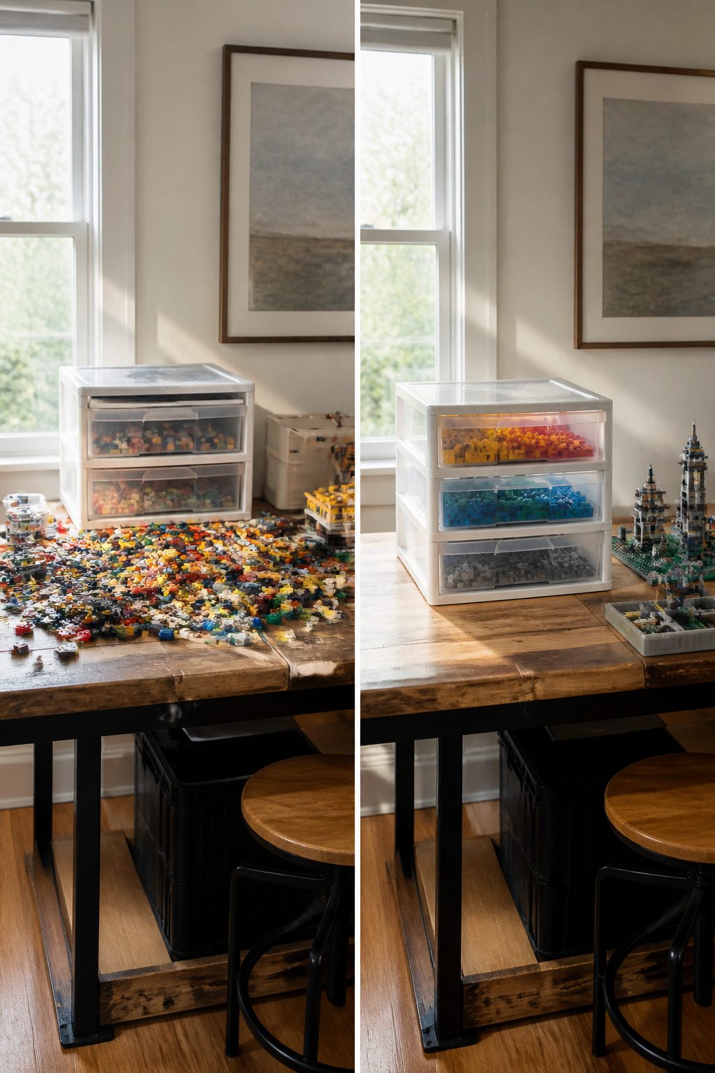 10 LEGO Storage Ideas for Real Collections in 2026 8 Sterilite 3 Drawer Organizer units stacked on a shelf filled with LEGO pieces.