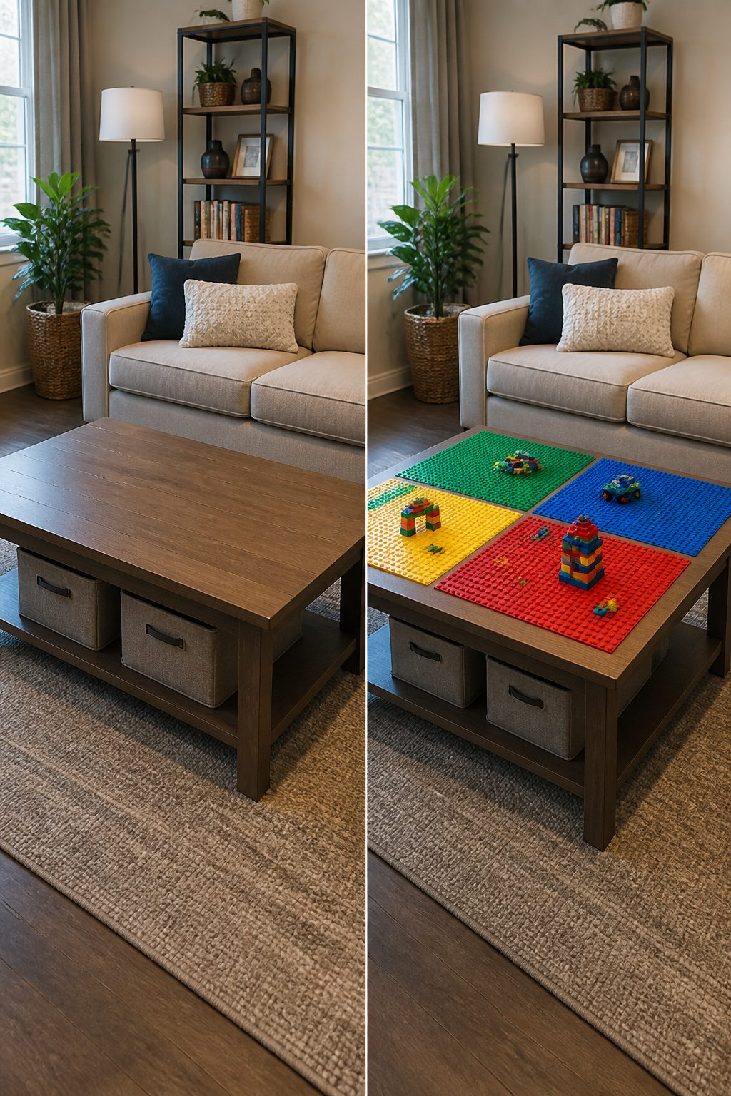 Lego Table Ideas: 6 DIY Builds for Play and Storage 3 Coffee table with Lego baseplates attached, suitable for toddler play.