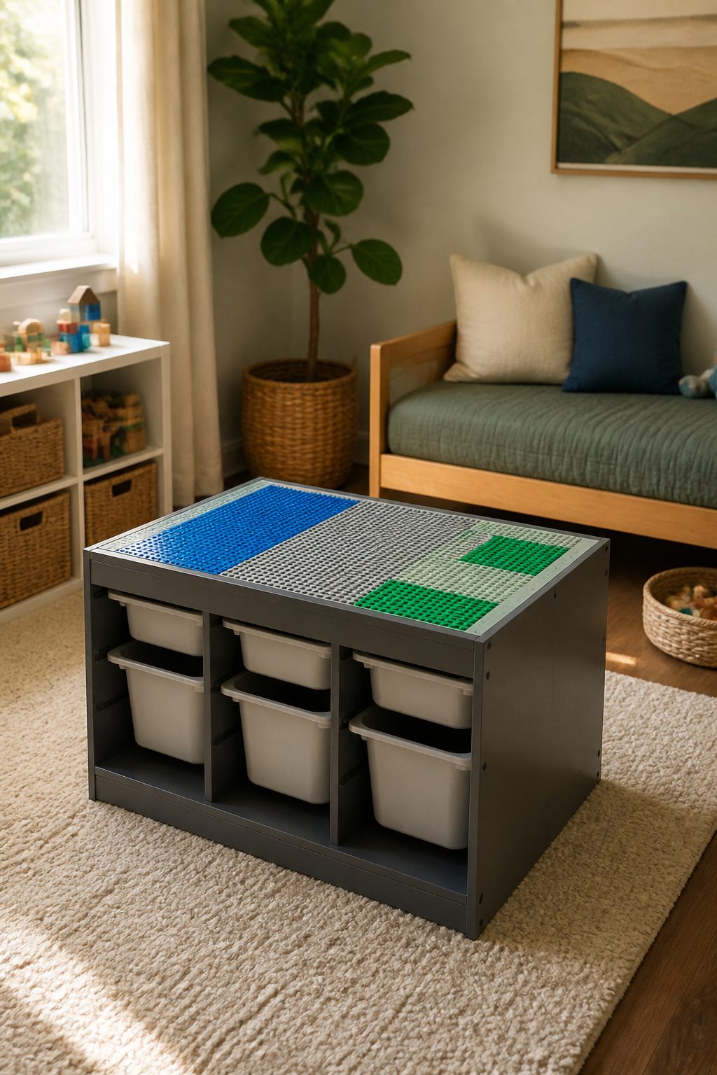 Lego Table Ideas: 6 DIY Builds for Play and Storage 1 IKEA TROFAST unit with blue and green Lego baseplates and storage bins.