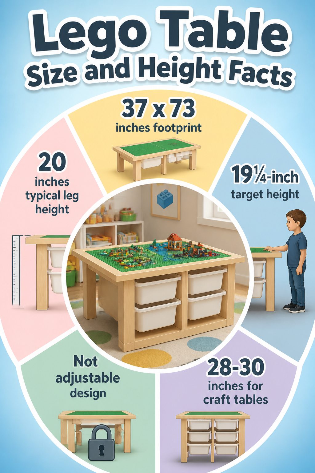 Lego Table Ideas: 6 DIY Builds for Play and Storage 10 Information graphic detailing ideal size and height for Lego tables.