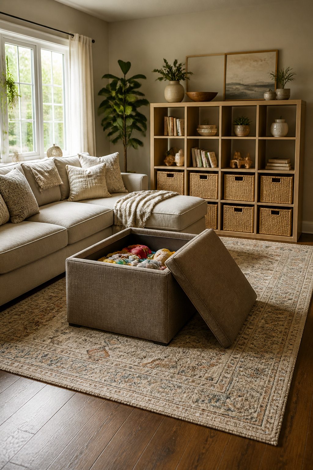 Living room featuring an ottoman with toys stored inside.