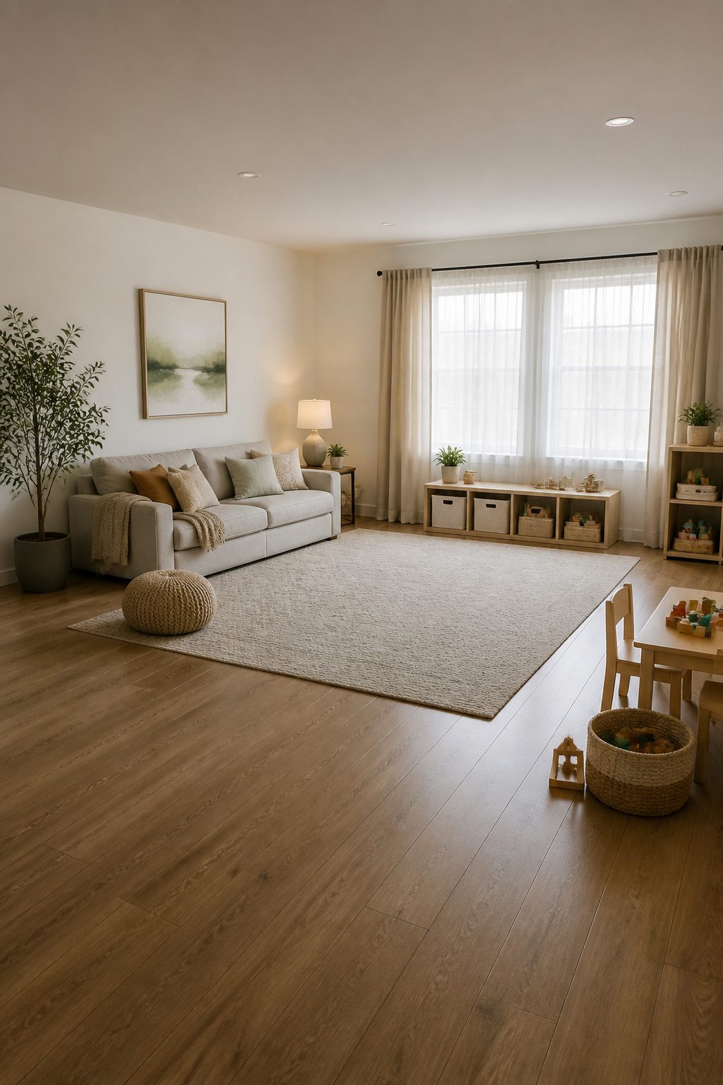 Living room with open space and defined play areas.
