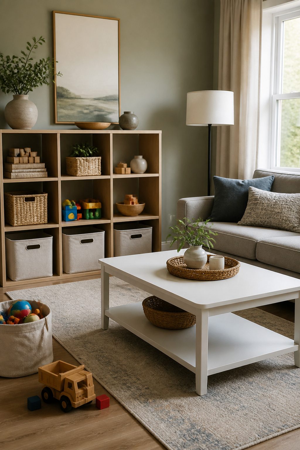 Living room with light wood furniture and organized toy storage.