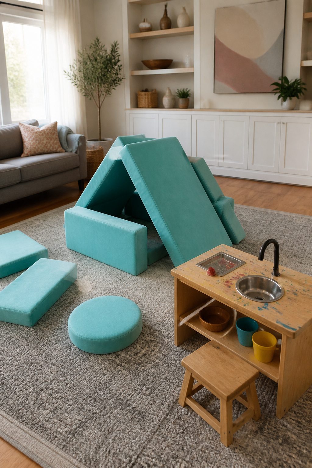 Vibrant Nugget play couch surrounded by a low table and toys.