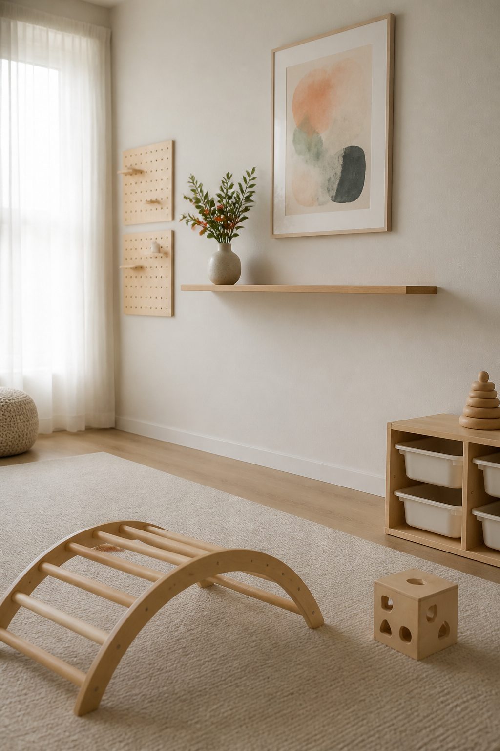 A minimalist playroom decorated with simple, personal touches.