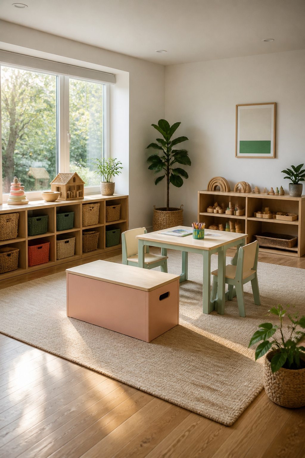 A child-sized table and chairs designed for kids to use.