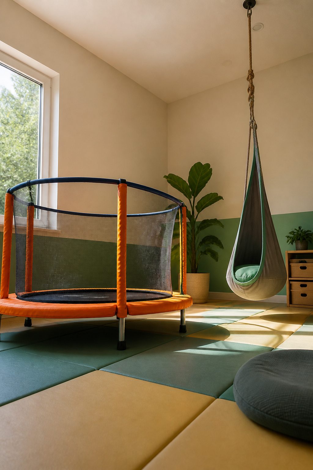 A mini trampoline set up in a playroom for kids to use.