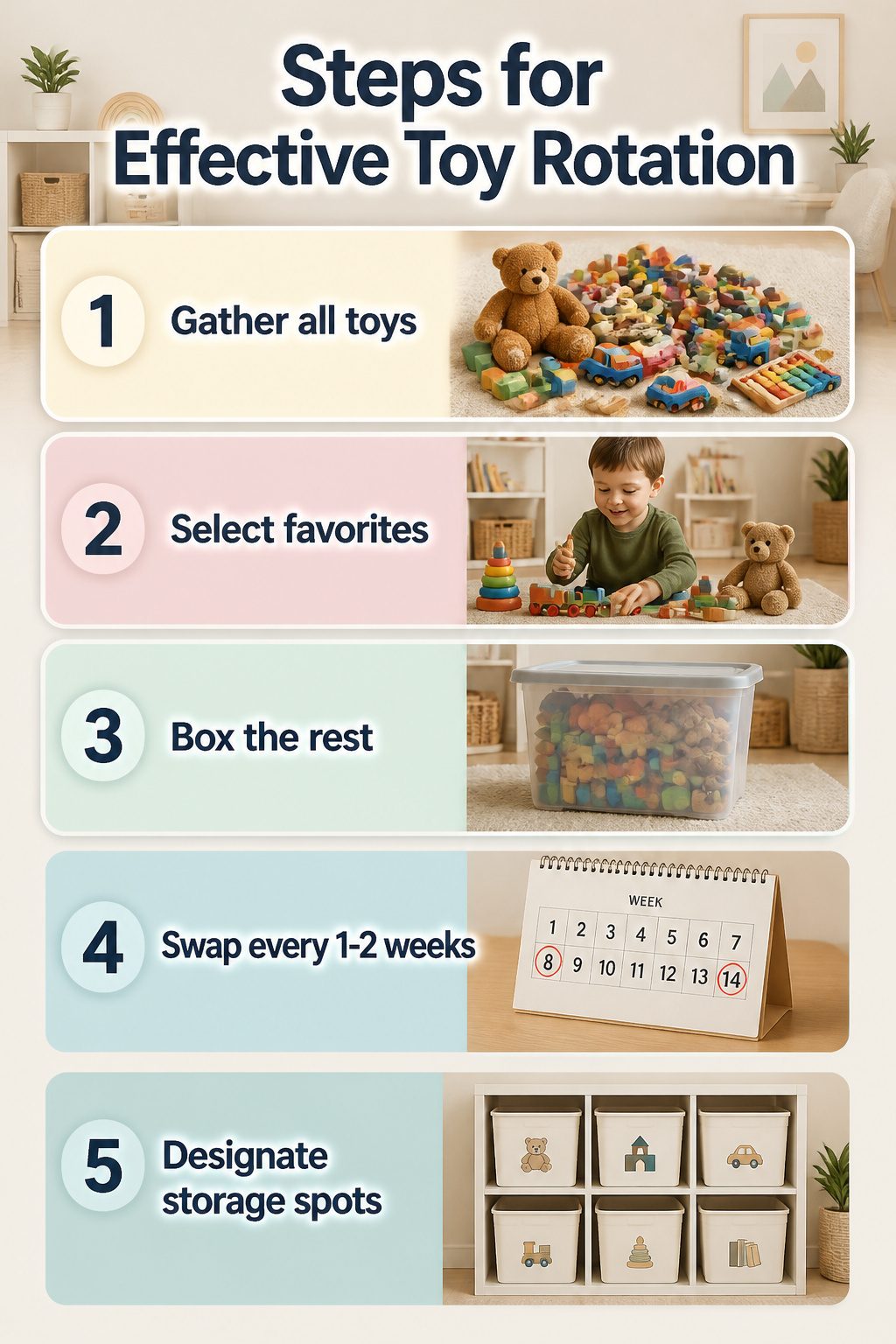 A visual guide illustrating steps for effective toy rotation.