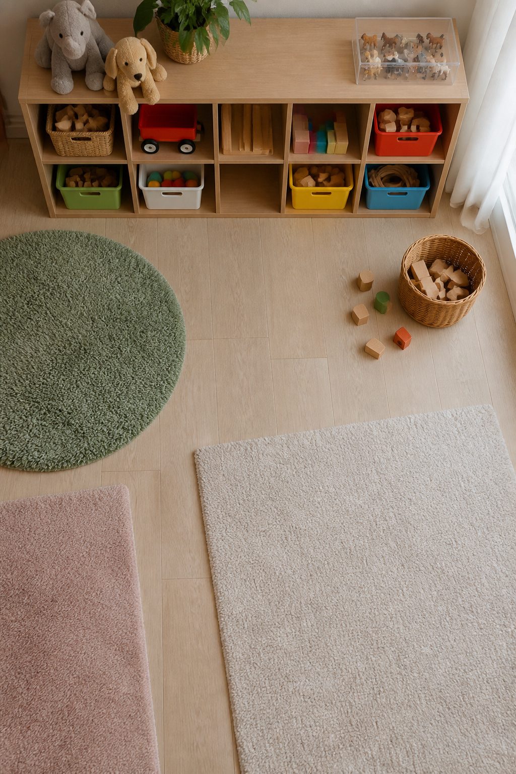 A minimalist playroom with a few toys arranged for play.