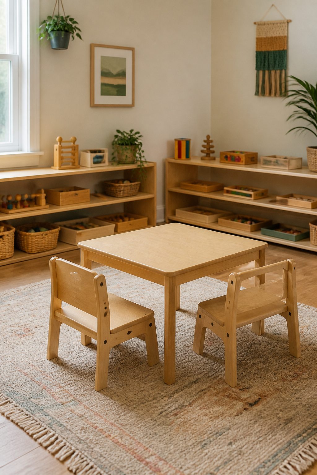 Matching child-sized table and chairs made of natural wood.