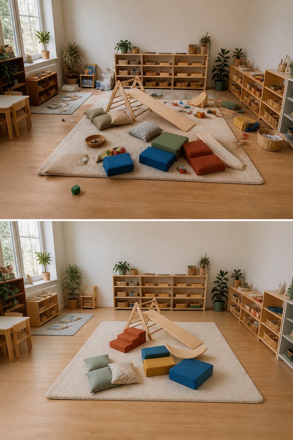 Empty open space in a Montessori playroom, sized like a queen mattress.