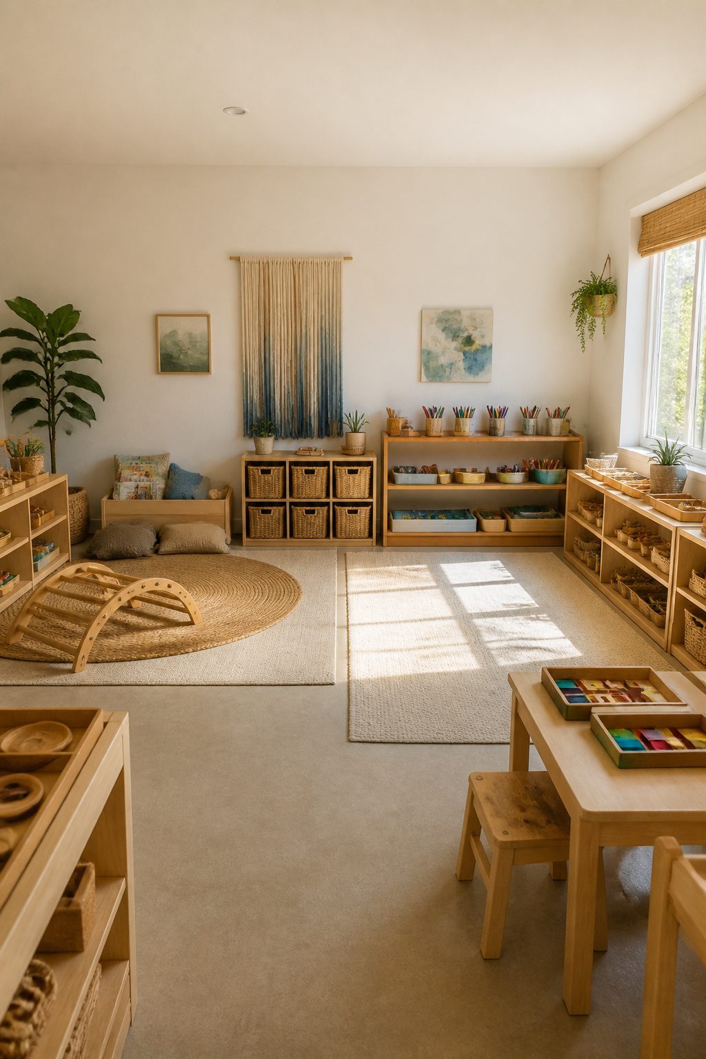 Rugs marking different activity zones in a Montessori playroom.