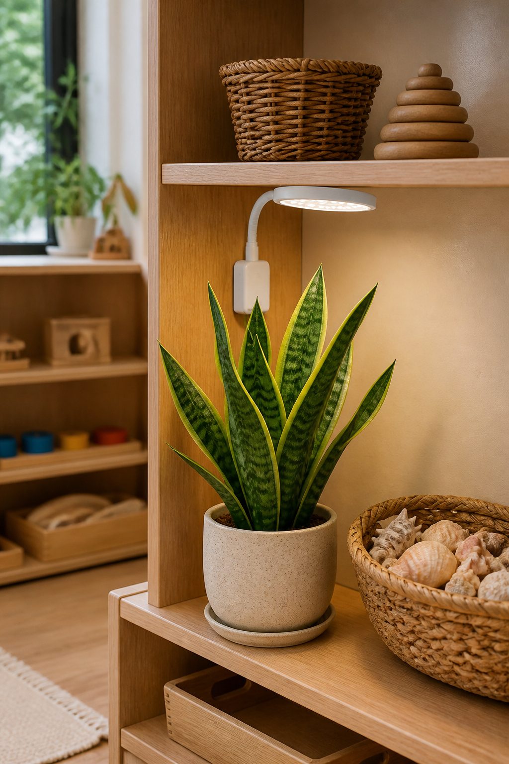 Snake plant and shell collection displayed in a Montessori playroom.