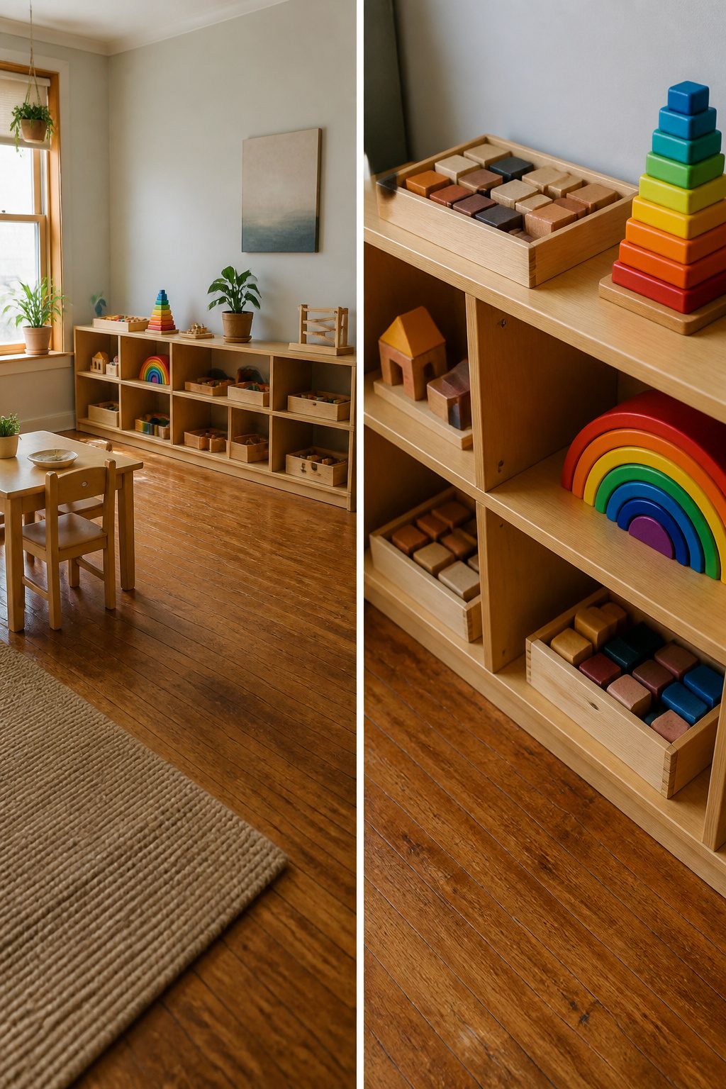 Photo labels on shelves indicating where toys should be stored.