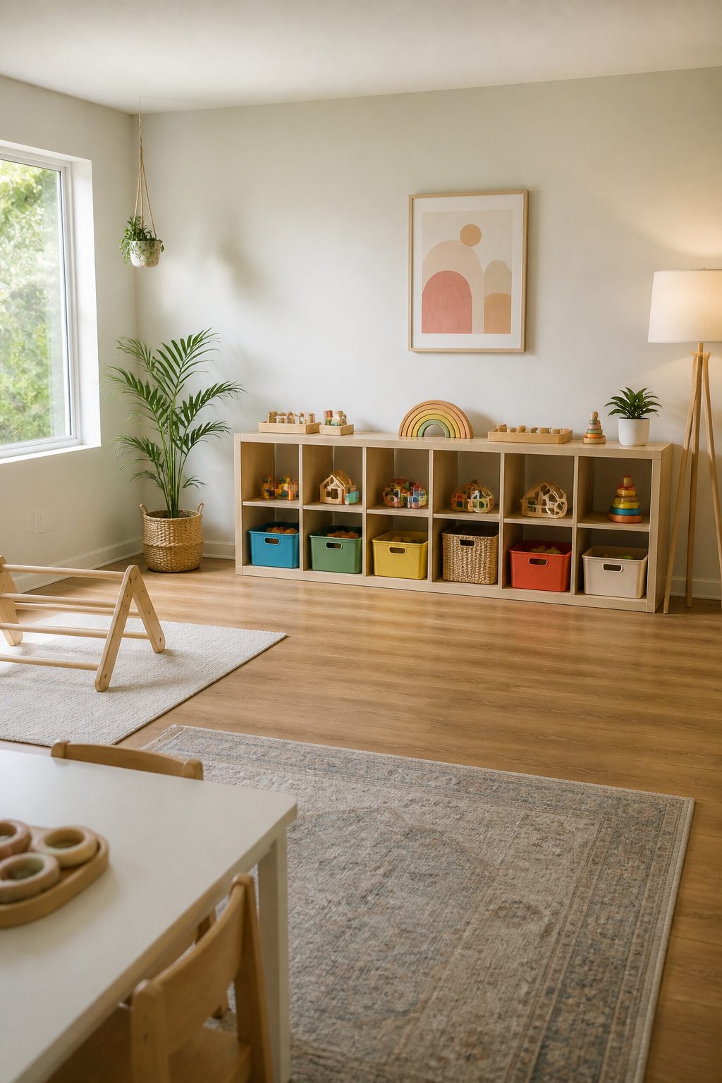 Low shelving in a Montessori playroom filled with toys.