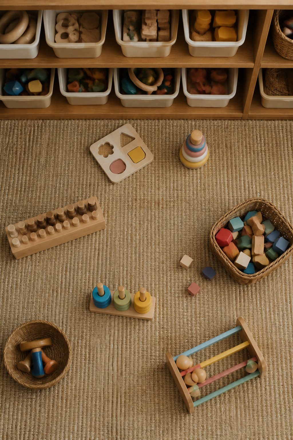 A selection of toys displayed on shelves in a Montessori playroom.