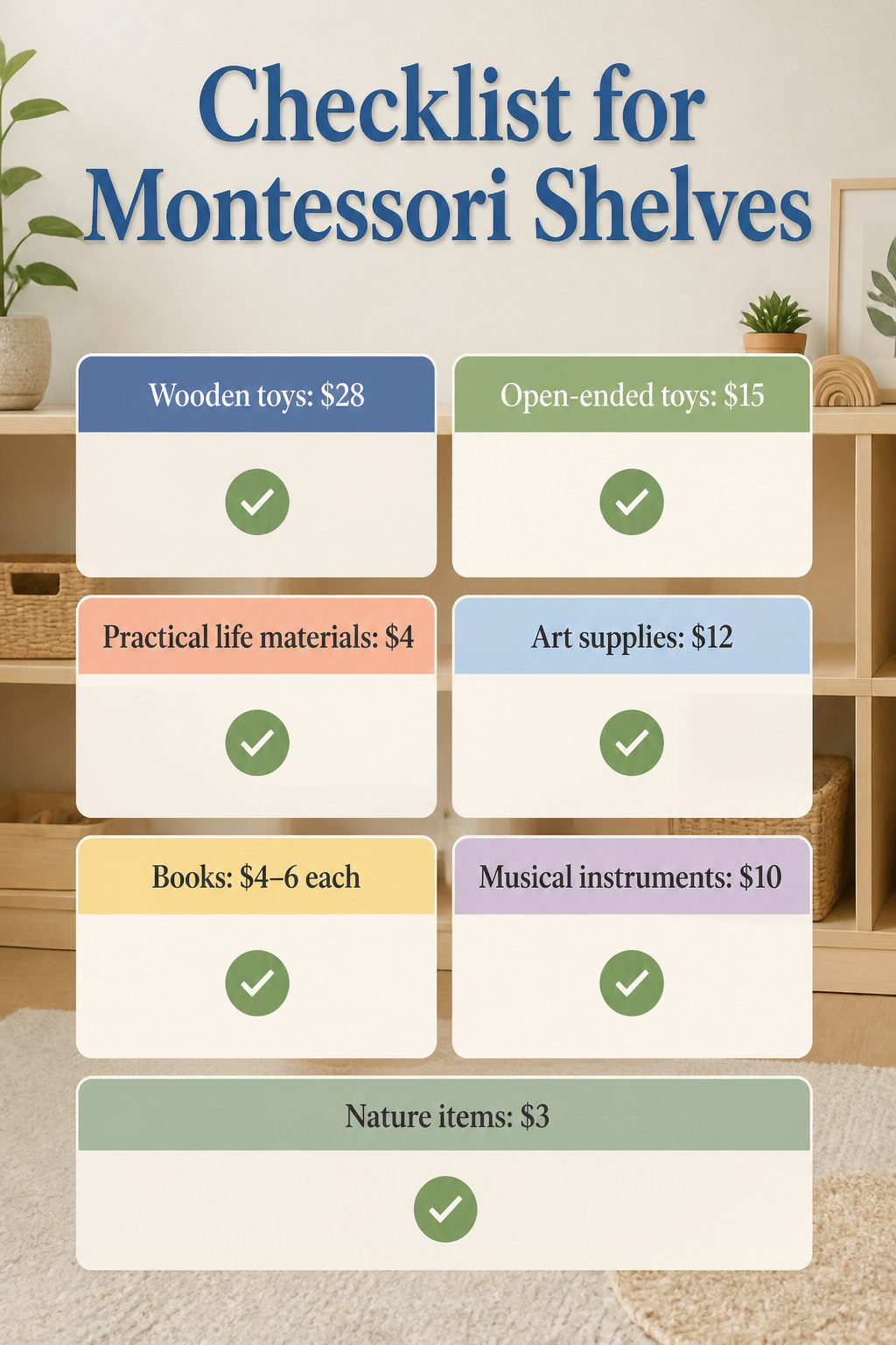 Checklist detailing various types of toys for Montessori playroom.
