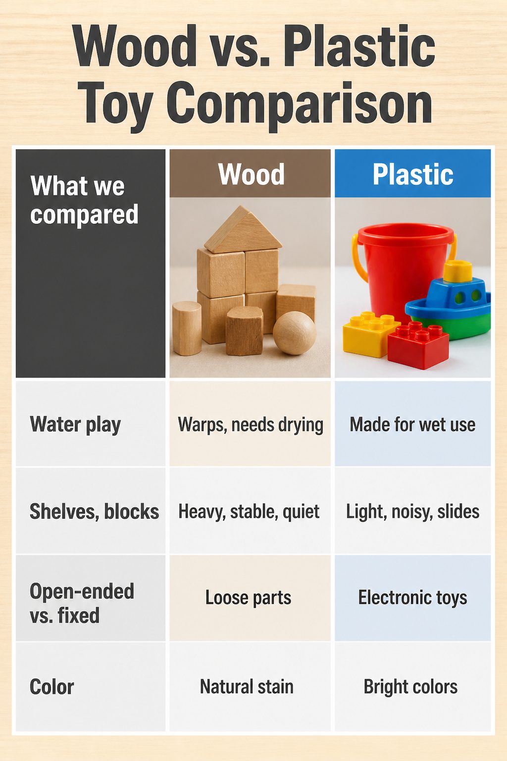Comparison of wooden and plastic toys in a Montessori playroom.