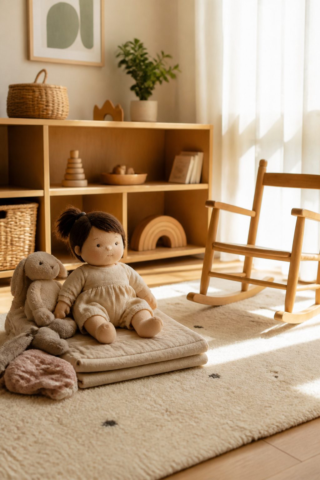 A soft baby doll resting on a blanket in a nursery.