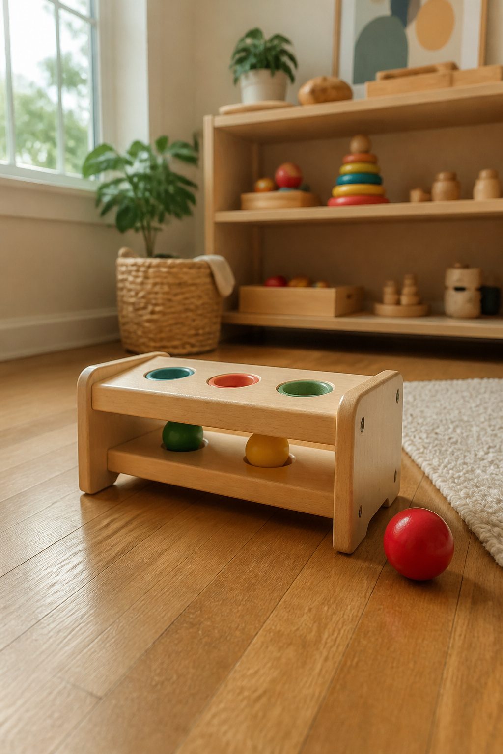 A ball pounding bench designed for toddlers' play.