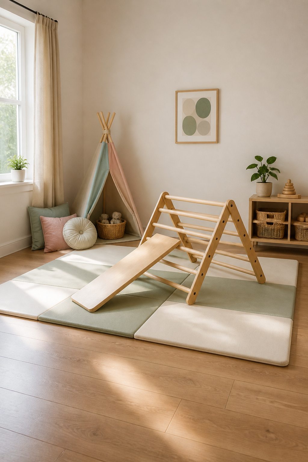 A wooden Pikler Triangle set up for climbing in a playroom.