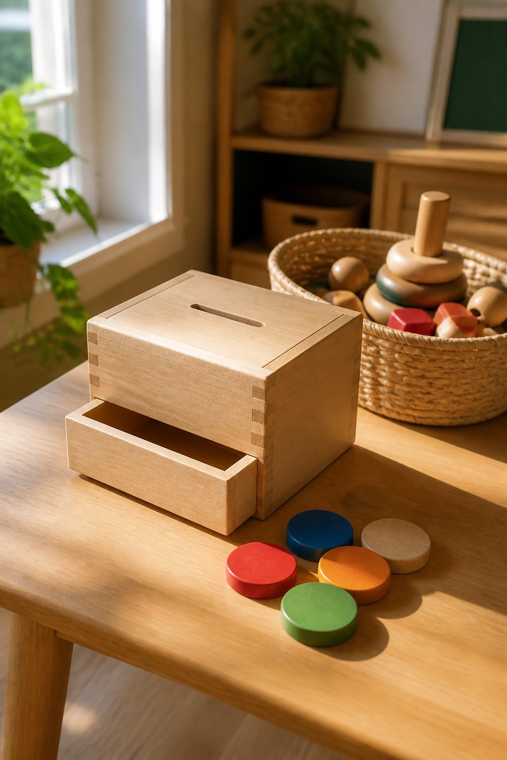 A wooden coin drop box with colorful coins on a table.