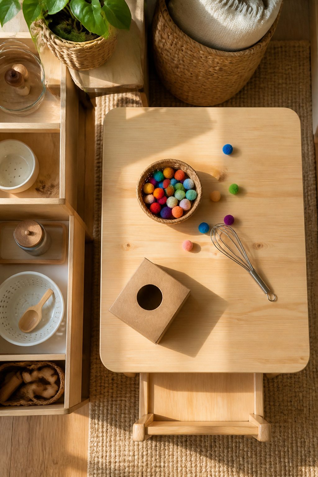A kitchen whisk and pom poms set up for toddler play.